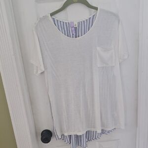 Francesca Alya White & Blue Striped Back T-Shirt High Low Medium NWT